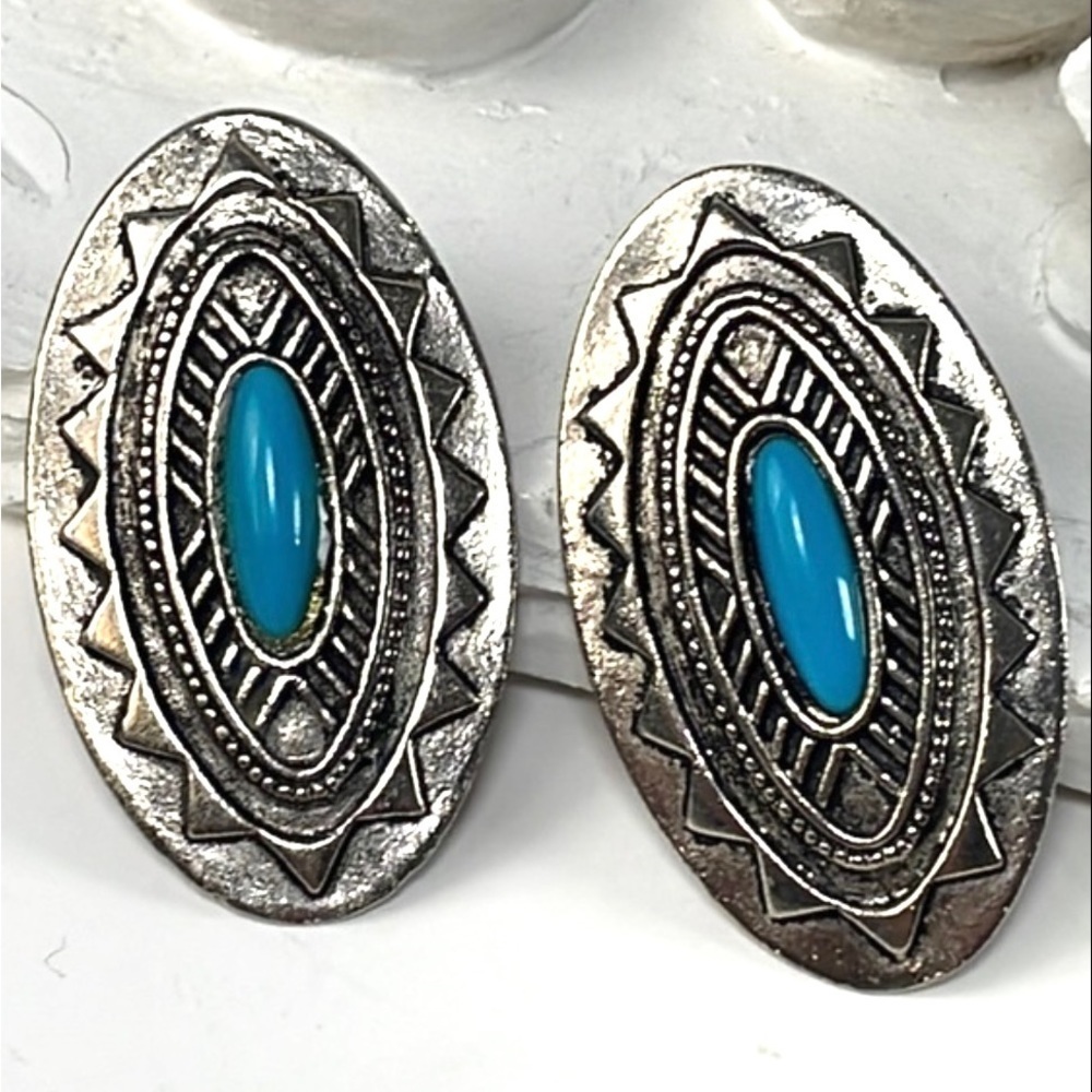 Vintage JJ 1988 Faux Turquoises Silver Tone  Bohemian Post Earrings